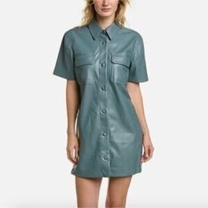 7 For All Mankind Faux Leather Short Sleeve Shirt Dress Blue XS